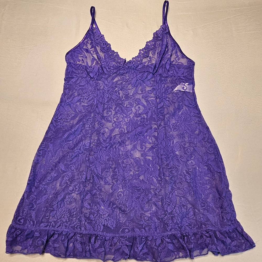Sheer Floral Lace Chemise Women Large Purple Ruffle Babydoll Nightgown Lingerie
